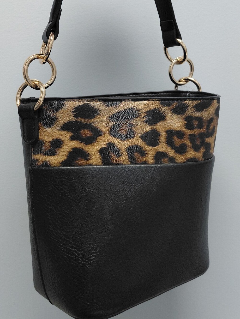 Leopard Print Leather Contemorary Bucket Bag Gold Hardware Medium